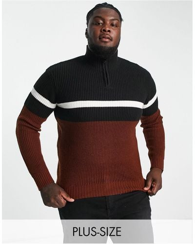 Le Breve Plus Color Block Ribbed 1/2 Zip Sweater - Red