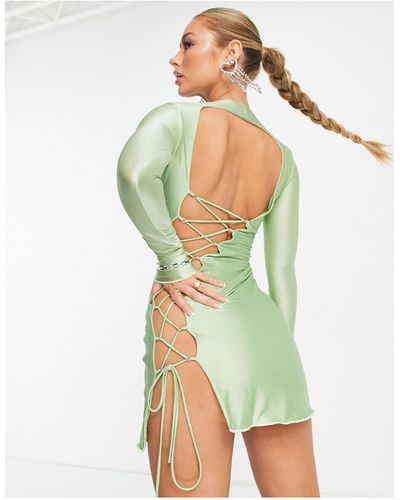 Naked Wardrobe Vestido corto verde con cordones en la espalda