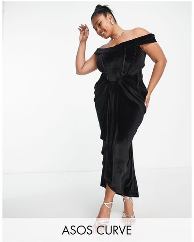 ASOS Asos Design Curve - Fluwelen Midi-jurk Met Bardothalslijn En Korsetdetail - Zwart