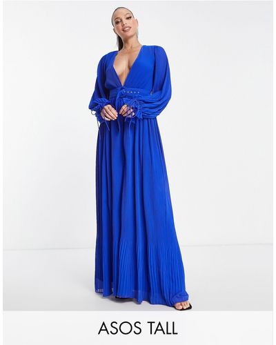 ASOS Vestido largo cobalto plisado con mangas estilo blusón y detalle - Azul