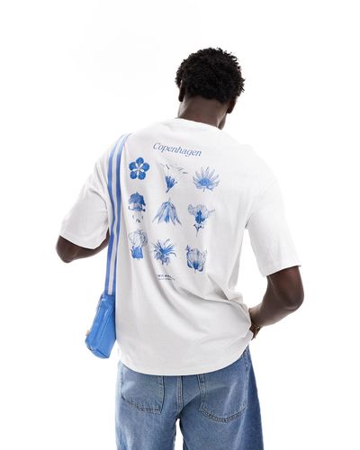 SELECTED T-shirt oversize bianca con stampa di galleria botanica - Blu