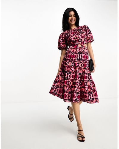 French Connection Puff Sleeve Midi Dress With Ring Detail Cut Out - Red