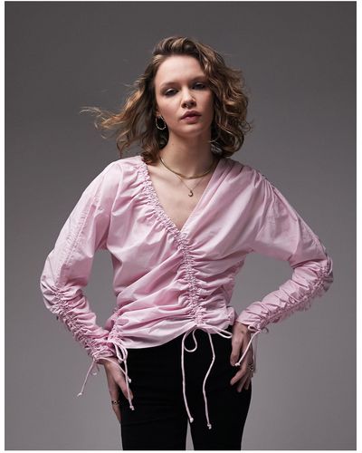 TOPSHOP Multi Channel Ruched Poplin Top - Pink