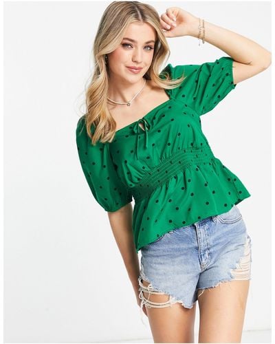 New Look Square Neck Shirred Blouse - Green