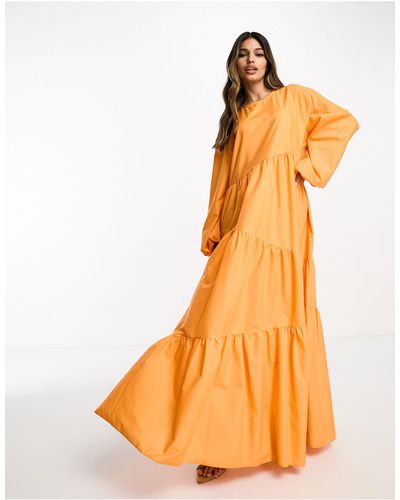 DASKA Robe longue à manches bouffantes et volants - Orange