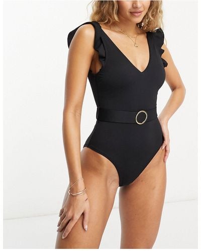 New Look Frill Sleeve Belted Swimsuit - Black