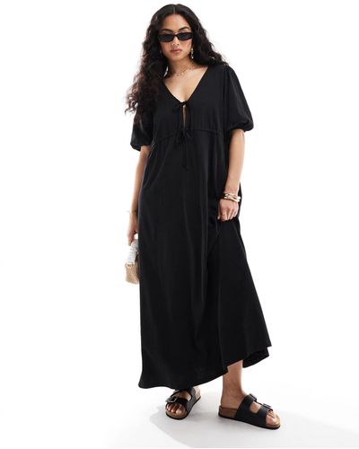 ASOS Puff Sleeve Midi Dress With Tie Up Bodice - Black