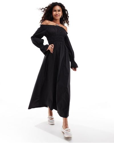 Glamorous Off Shoulder Shirred Waist Maxi Dress - Black