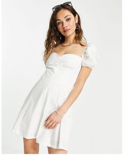 Bershka Poplin Button Down Milkmaid Dress - White
