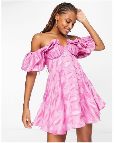 ASOS Spot Bardot Mini Dress With Puff Sleeve - Pink