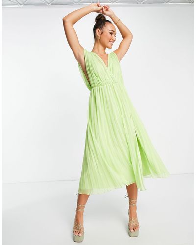 ASOS Pleated Wrap Front Midi Dress - Green