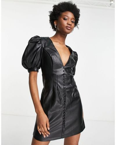 Bardot Leatherette Dress With Puff Sleeves - Black