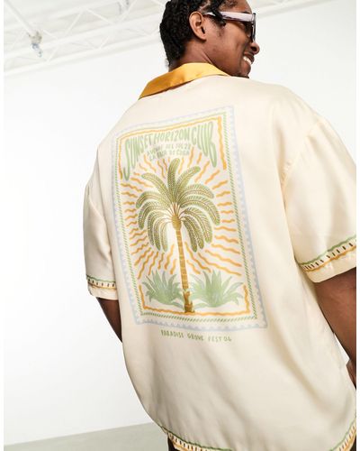 Bershka Overhemd Van Satijn Met Reverskraag En Print Op - Naturel
