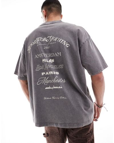 Good For Nothing Oversized Washed T-shirt With Rib Chest Print - Grey