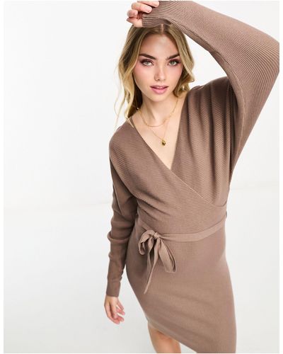 Vero Moda Wrap Belted Long Sleeve Knitted Mini Dress - Brown
