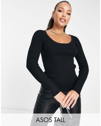 ASOS Asos Design Tall Knitted Top With Scoop Neck With Rib Bust Detail - Black