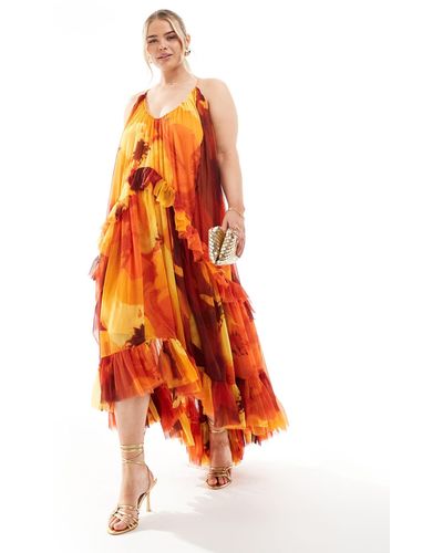 ASOS Asos design curve - robe trapèze longue à imprimé fleurs et volants - couleurs vives - Orange