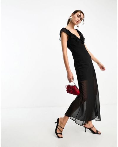 Glamorous V Neck Frill Detail Sheer Overlay Midi Dress - Black