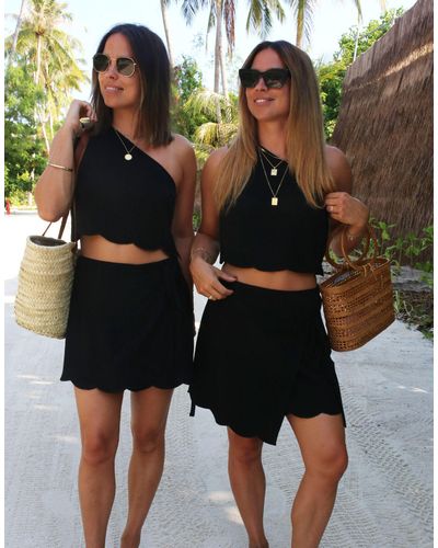 Labelrail X Collyer Twins Scallop Edged Wrap Linen Mini Skirt Co-ord - Black