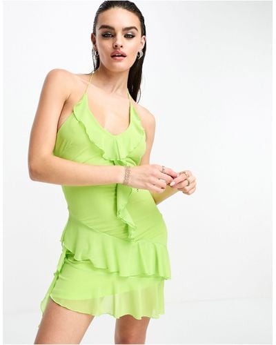 Glamorous Halter Neck Mesh Mini Dress With Asymmetric Hem Detail - Green