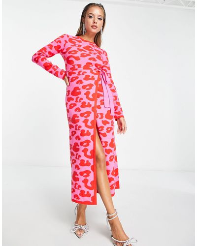 Never Fully Dressed Leopard Knit Wrap Midi Dress - Red