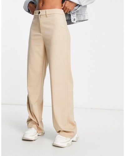 Bershka double waistband wide leg tailored pants in gray pinstripe