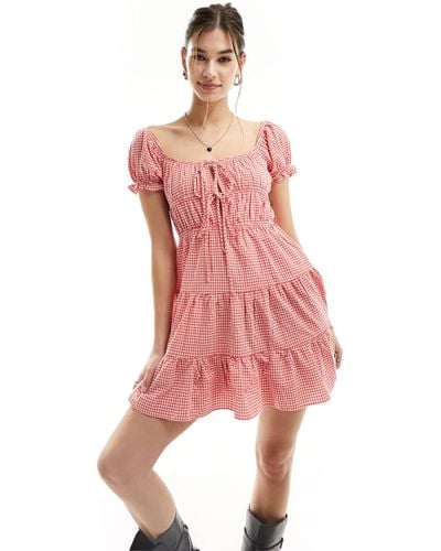 Glamorous Shirred Detail Tiered Mini Dress - Pink