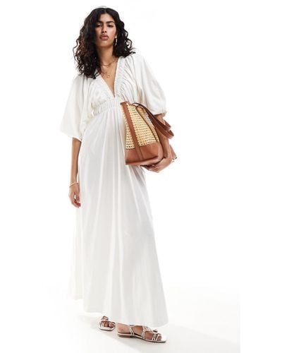 ASOS Plunge Elastic Tea Midi Dress With Ruched Waist - White