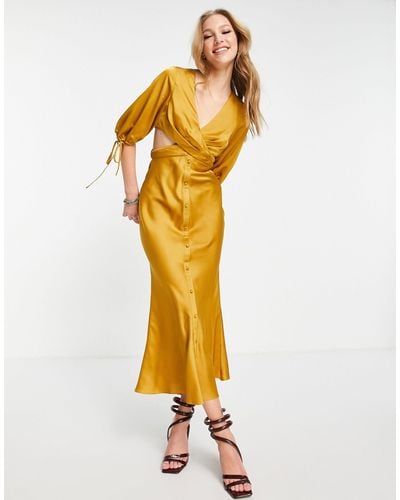 ASOS Satin Midi Dress With Pleated Waist Detail And Button Front - Yellow