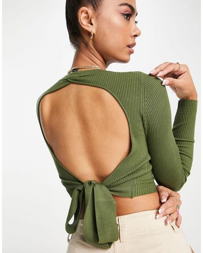Long Sleeve Crop Top Open Back - Women - Evergreen