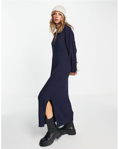 ASOS Knitted Maxi Dress With Open Collar - Blue