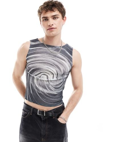 Collusion Printed Muscle Mesh Vest With Swirl Print - Grey