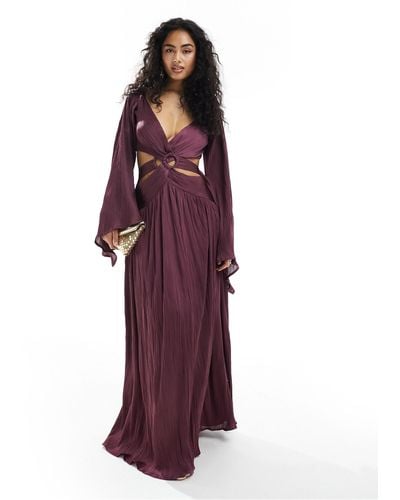 ASOS Satin Plisse Ring Waist Detail Maxi Dress With Kimono Sleeve - Purple