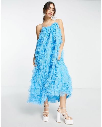 ASOS Trapeze Textured Mesh Cami Midi Dress - Blue