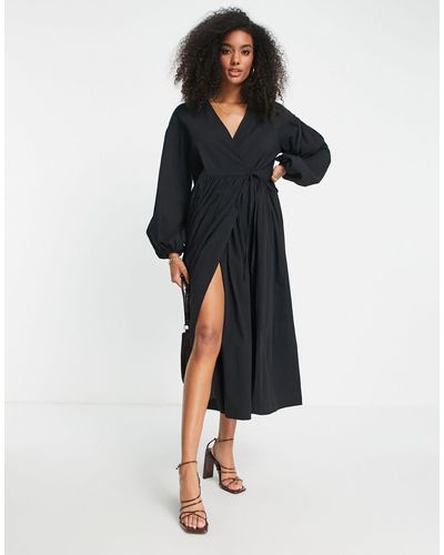 ASOS Oversized Wrap Smock Dress With Blouson Sleeve - Black