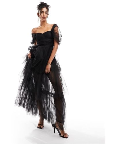 LACE & BEADS Off Shoulder Tulle High Low Maxi Dress - Black