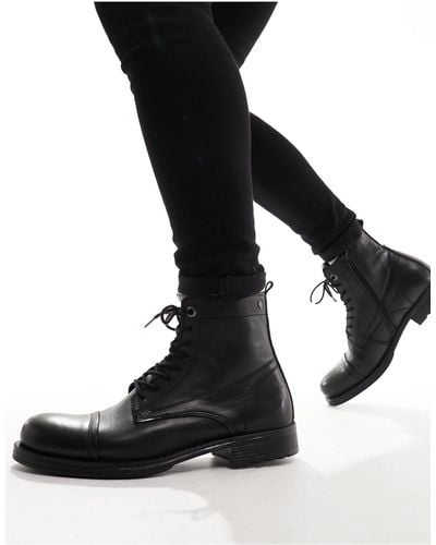 Jack & Jones Leather Lace Up Boot - Black
