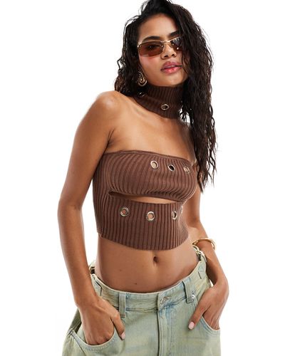 The Kript Knitted Cut Out Top With Eyelet Detail - Natural