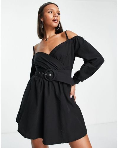 Trendyol Belted Off Shoulder Mini Dress - Black