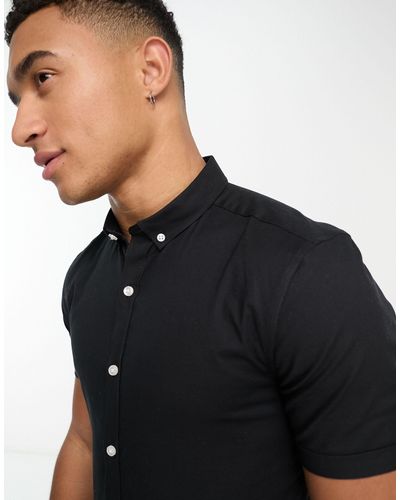 New Look Short Sleeve Muscle Fit Oxford Shirt - Black