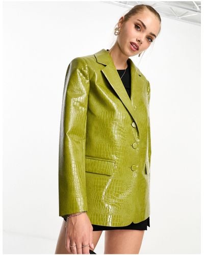 Miss Selfridge Croc Faux Leather Oversized Blazer - Green