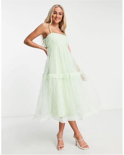 LACE & BEADS Tiered Tulle Midi Dress - Green