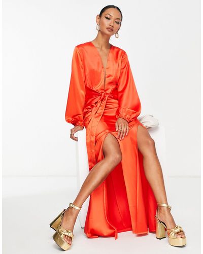 EI8TH HOUR Vestido largo naranja óxido muy escotado con abertura en el bajo - Rojo
