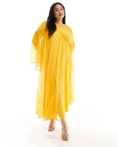 ASOS Curve Long Sleeve Chiffon Maxi Dress With Gathered Detail - Yellow