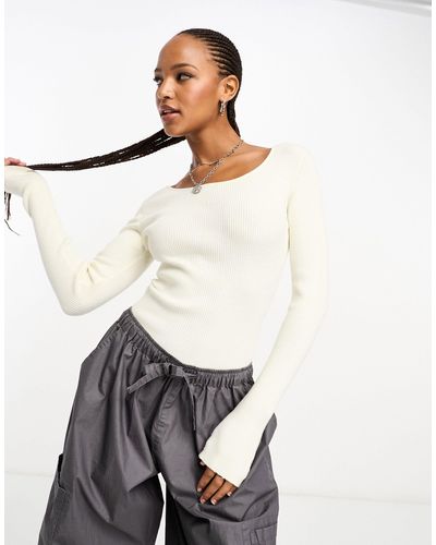 Collusion Knitted Rib Scoop Neck Sweater - White