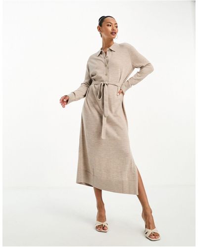 & Other Stories Merino Wool Knitted Belted Midi Dress - Natural