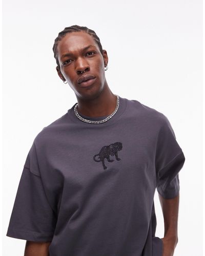 TOPMAN Premium - t-shirt ultra oversize avec broderie léopard devant et au dos - anthracite - Bleu