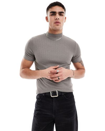 ASOS Muscle Fit Rib T-shirt With Mock Neck - Gray