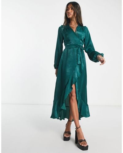 Flounce London Satin Long Sleeve Wrap Maxi Dress - Green