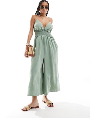 ASOS Shirred Linen Cami Jumpsuit With Wide Culotte Leg - Green
